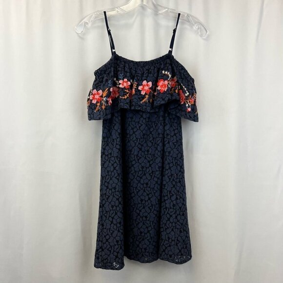 Blu Pepper Womens Dress Blue Floral Embroidered Lace Overlay Spaghetti Strap S - Picture 1 of 11